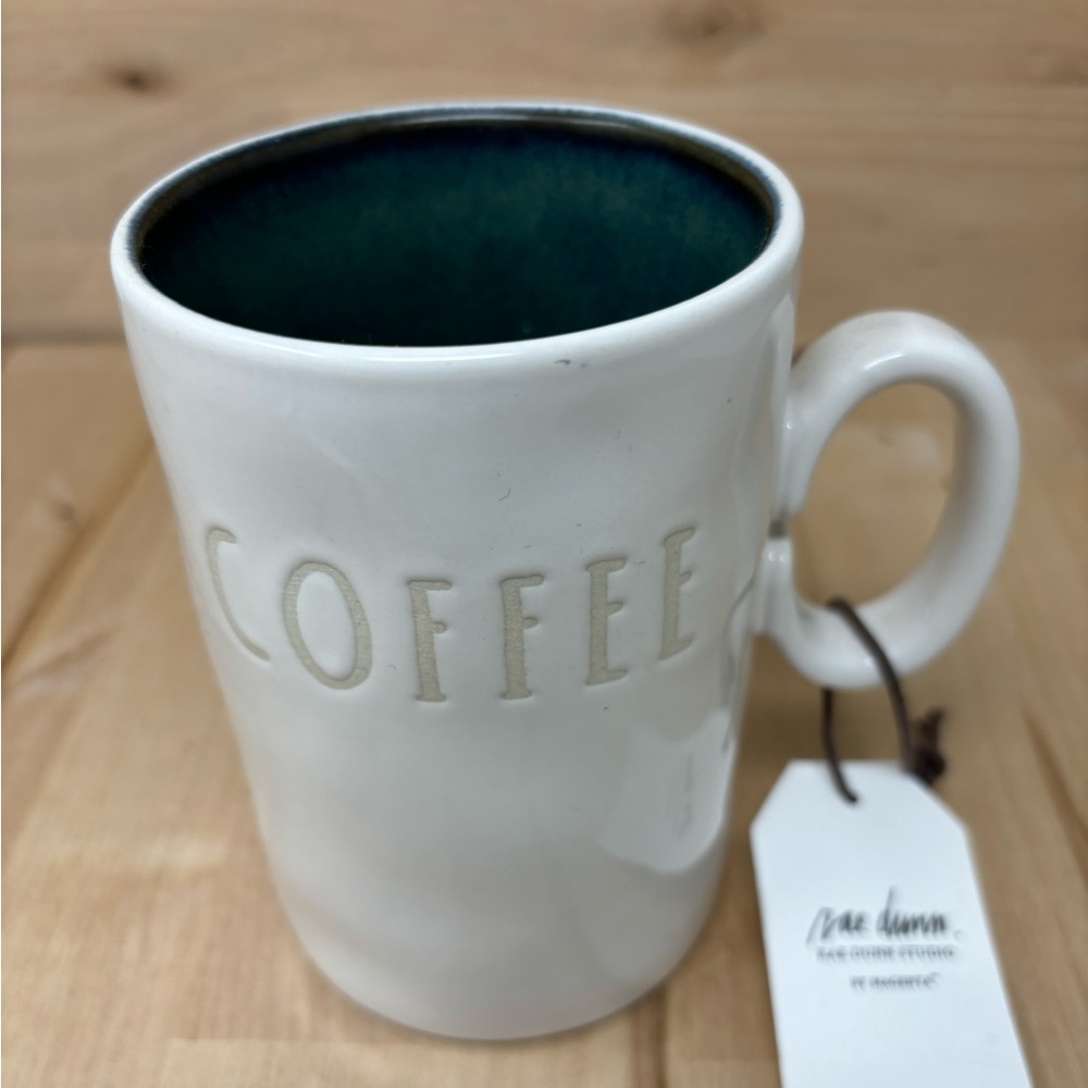 Rae Dunn COFFEE Mug White Slinder Ceramic with Dark Green Interior & White LL